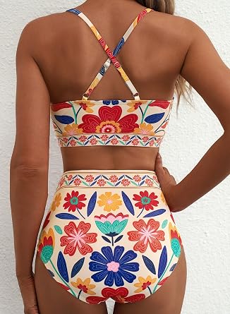 Herseas Womens 2 Piece High Waisted U Wire Bikini Set Floral Print Swimsuit Crisscross Back Bathing Suit Beach Swimwear