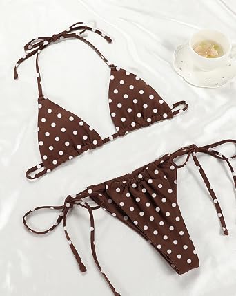 MIYOUJ Women Halter String Bikini Set Sexy Thong Cheeky Two Piece Swimsuits Solid Color Bathing Swimwear