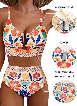 Herseas Womens 2 Piece High Waisted U Wire Bikini Set Floral Print Swimsuit Crisscross Back Bathing Suit Beach Swimwear