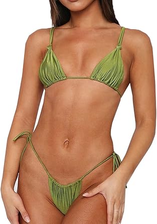 Womens Sexy Bikini Set Thong Hater String Cheeky Two Piece Swimsuits Double Shoulder Straps Swimwear Adjustable